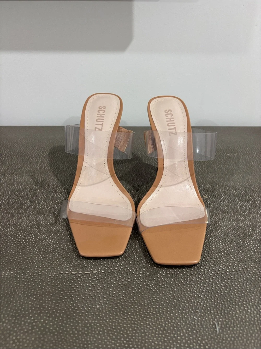 SCHUTZ Nude Tan Clear-Strap Square Toe Heeled Sandals